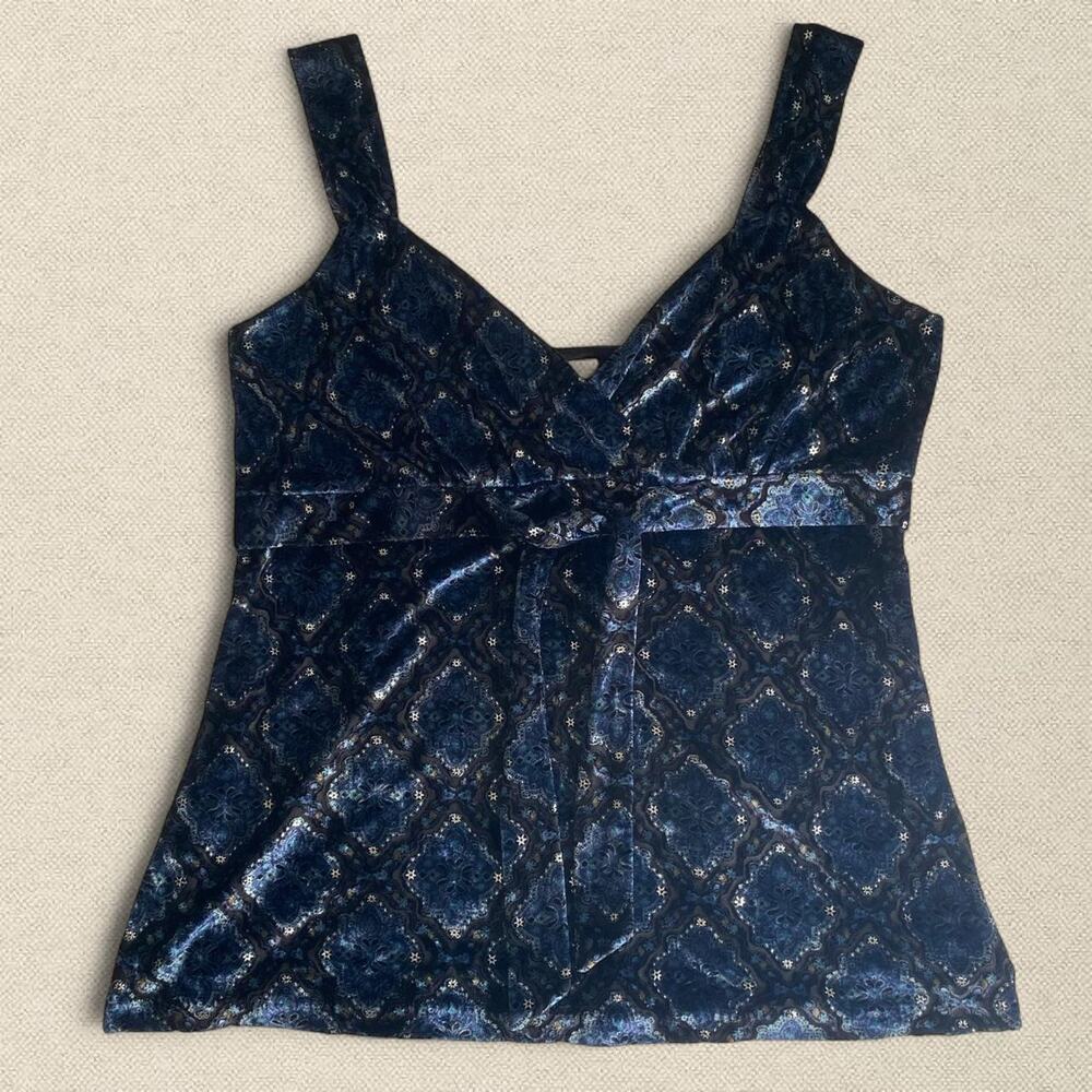 Y2K Velvet Geometric Pattern Sleeveless Top Blue Silver sz L Whimsygoth